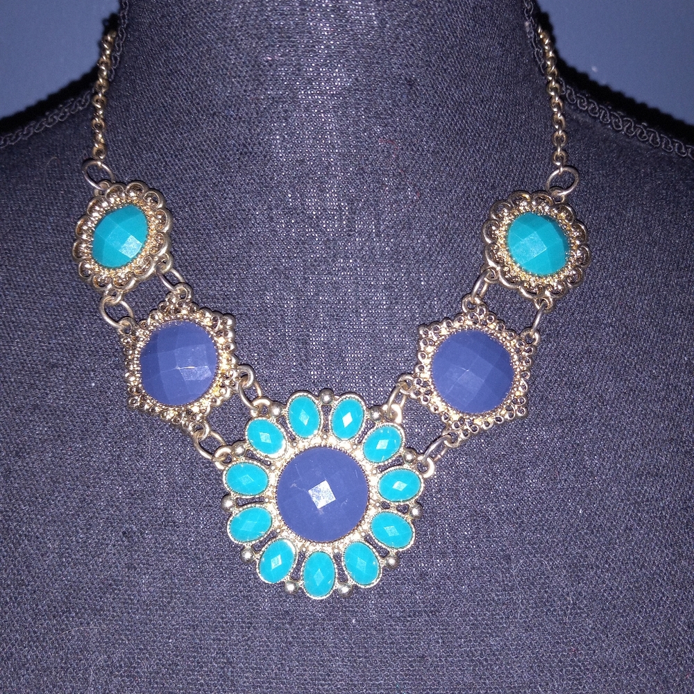 Gold Toned Jewled Stoned Statement Necklace